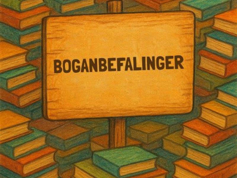 Stakke af bøger i røde og blå farver med et skilt i midten med tekste "boganbefalinger"